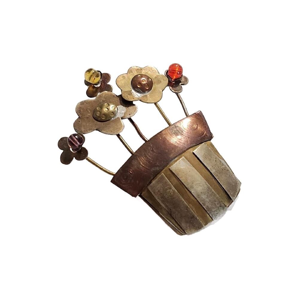 Vintage Artisan Mixed Metal Flower Pot Pendant brooch, 2" Tall